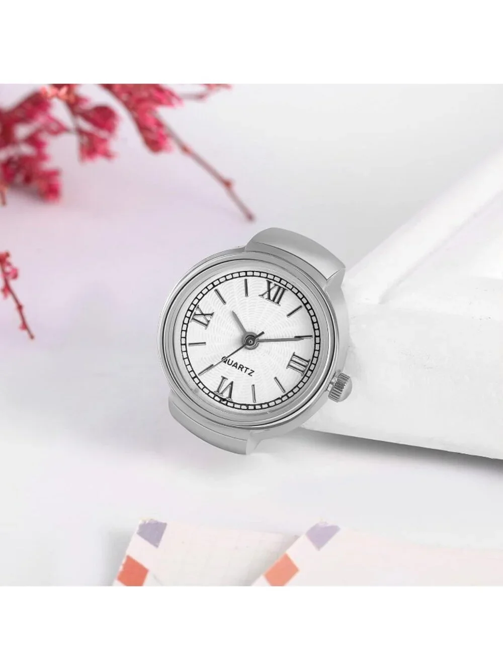Women's Silver Quartz Stretchy Band Elastic Round Simple Dial Finger Ring Watch